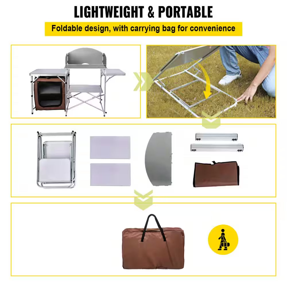 Outdoor 2-Tier Kitchen with Zippered Bag, Portable Folding Cook Table for BBQ, Party and Camping, Brown