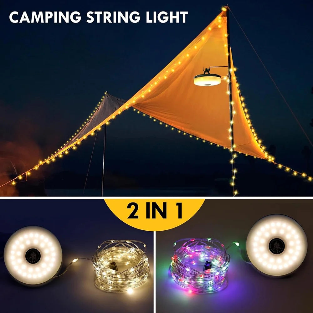 2 in 1 Camping String Light, 32.8Ft Outdoor Camping Light with RGB & Warm Lighting Color, Rechargeable Outdoor Camping String Light with Flashlight for Tent Camping Hiking Mountaining Picnic
